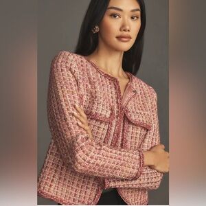 Anthropologie Pink Tweed Boxy Blazer Jacket